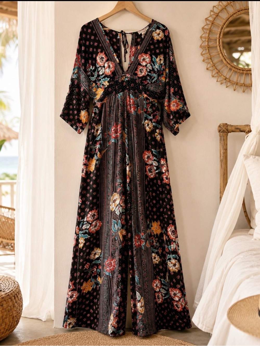Flying Tomato Womens Black Multicolor Floral Palazzo Jumpsuit Sz‎ L Resortwear